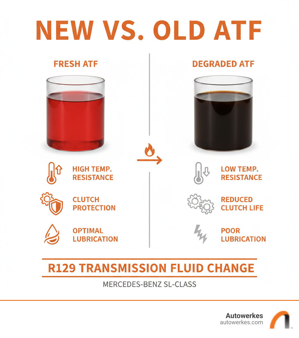 Infographic comparing fresh red ATF fluid in a clear container next to dark, burnt ATF fluid, with labels showing temperature resistance, clutch protection, and lubrication properties of new versus degraded transmission fluid - r129 transmission fluid change infographic Infographic comparing fresh red ATF fluid in a clear container next to dark, burnt ATF fluid, with labels showing temperature resistance, clutch protection, and lubrication properties of new versus degraded transmission fluid - r129 transmission fluid change infographic