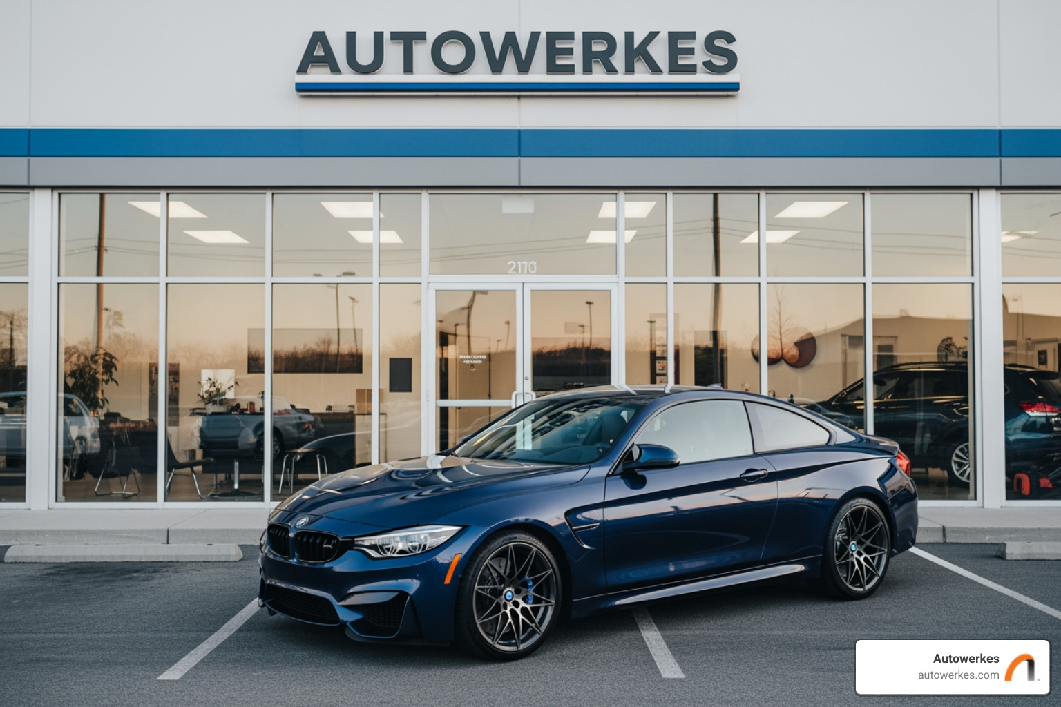 Autowerkes shop front with a clean BMW parked outside - bmw x3 transmission fluid change