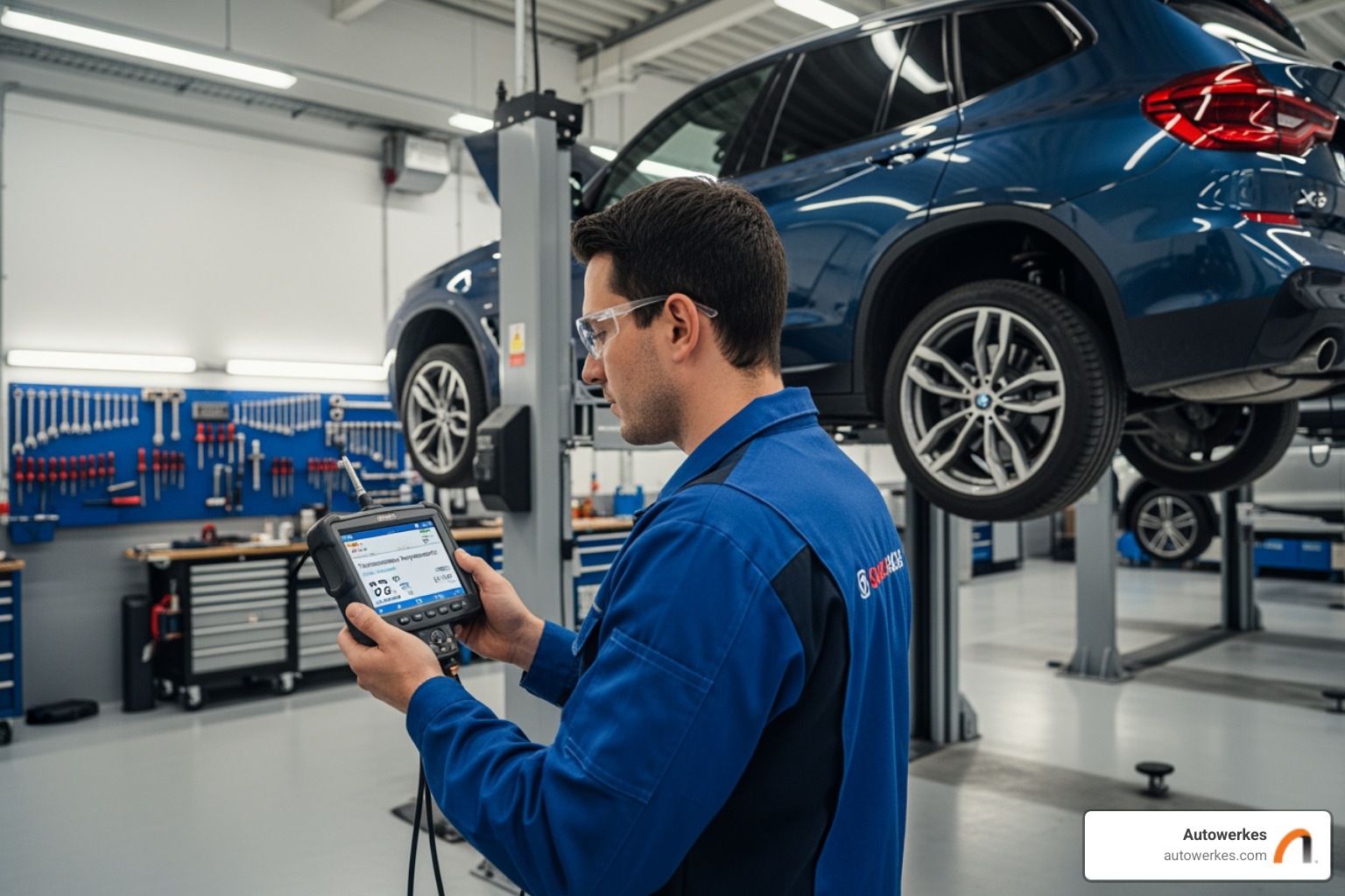 Autowerkes technician using a scan tool to check transmission temperature on a BMW - bmw x3 transmission fluid change