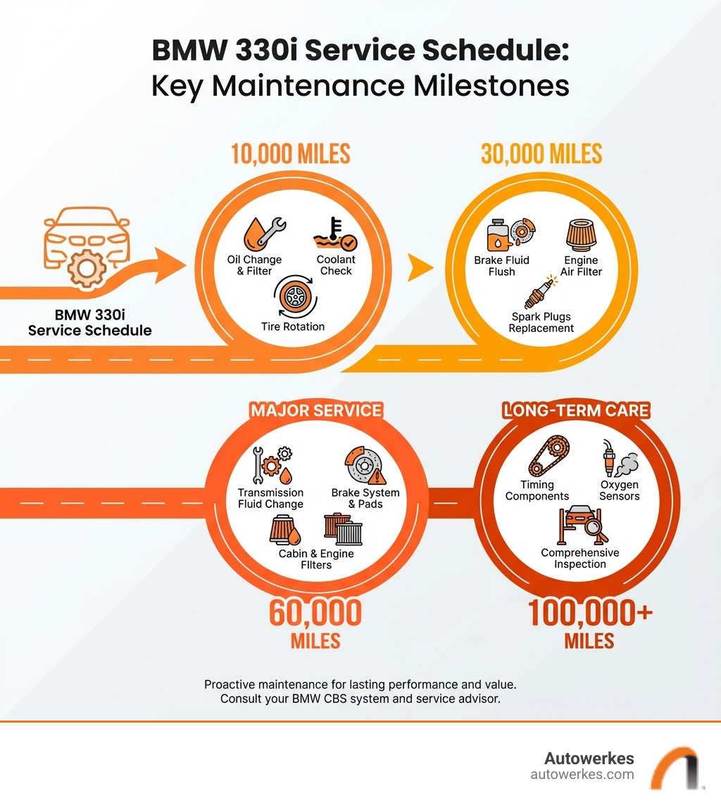 BMW 330i service schedule infographic showing major maintenance milestones at 10,000 miles (oil change, coolant check, tire rotation), 30,000 miles (brake fluid, air filter, spark plugs), 60,000 miles (major service with transmission fluid, brake system, filters), and 100,000+ miles (timing components, oxygen sensors, comprehensive inspection) - bmw 330i service schedule infographic BMW 330i service schedule infographic showing major maintenance milestones at 10,000 miles (oil change, coolant check, tire rotation), 30,000 miles (brake fluid, air filter, spark plugs), 60,000 miles (major service with transmission fluid, brake system, filters), and 100,000+ miles (timing components, oxygen sensors, comprehensive inspection) - bmw 330i service schedule infographic