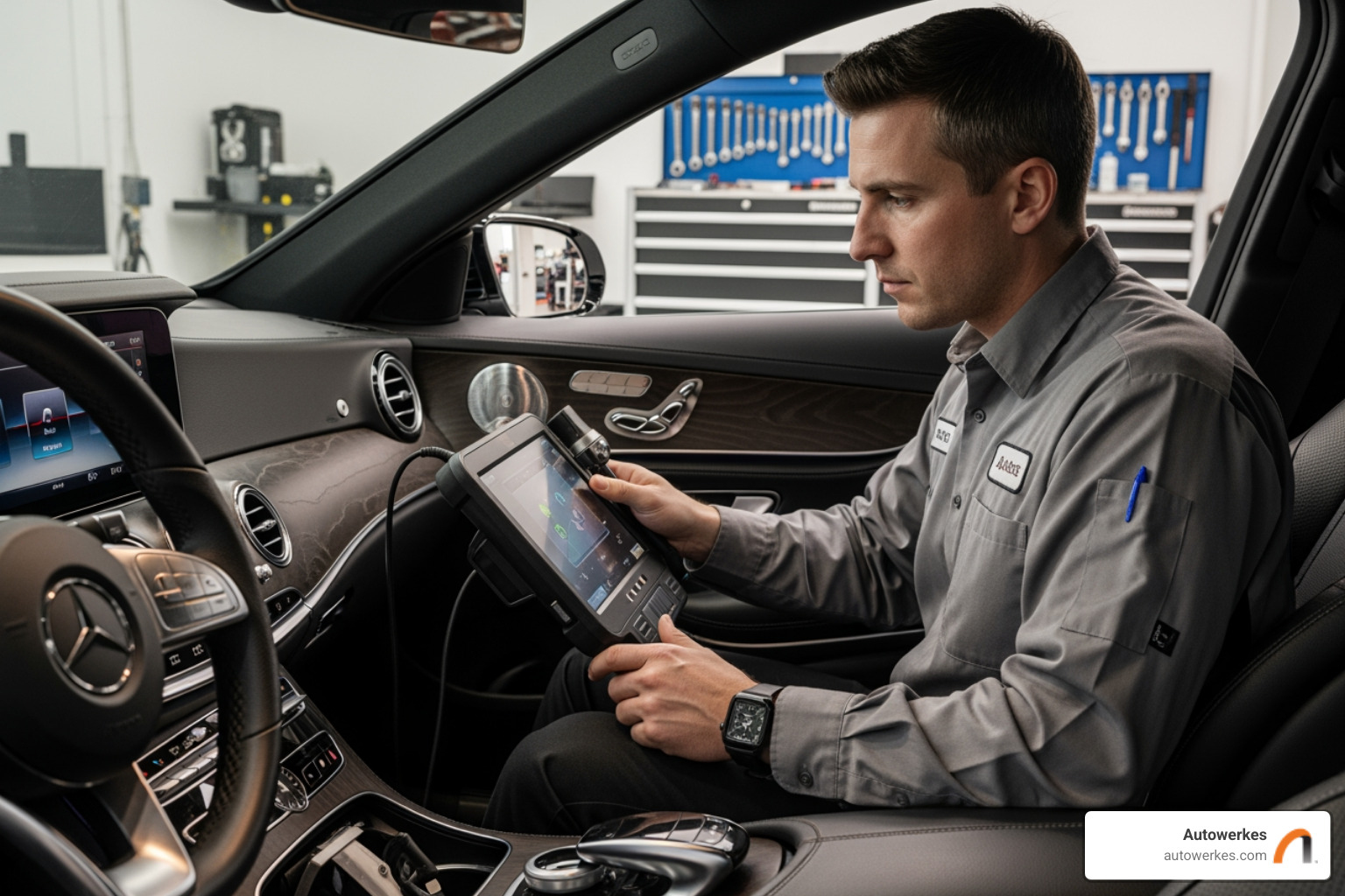Autowerkes technician using a diagnostic scanner on a Mercedes-Benz dashboard - mercedes pre purchase inspection