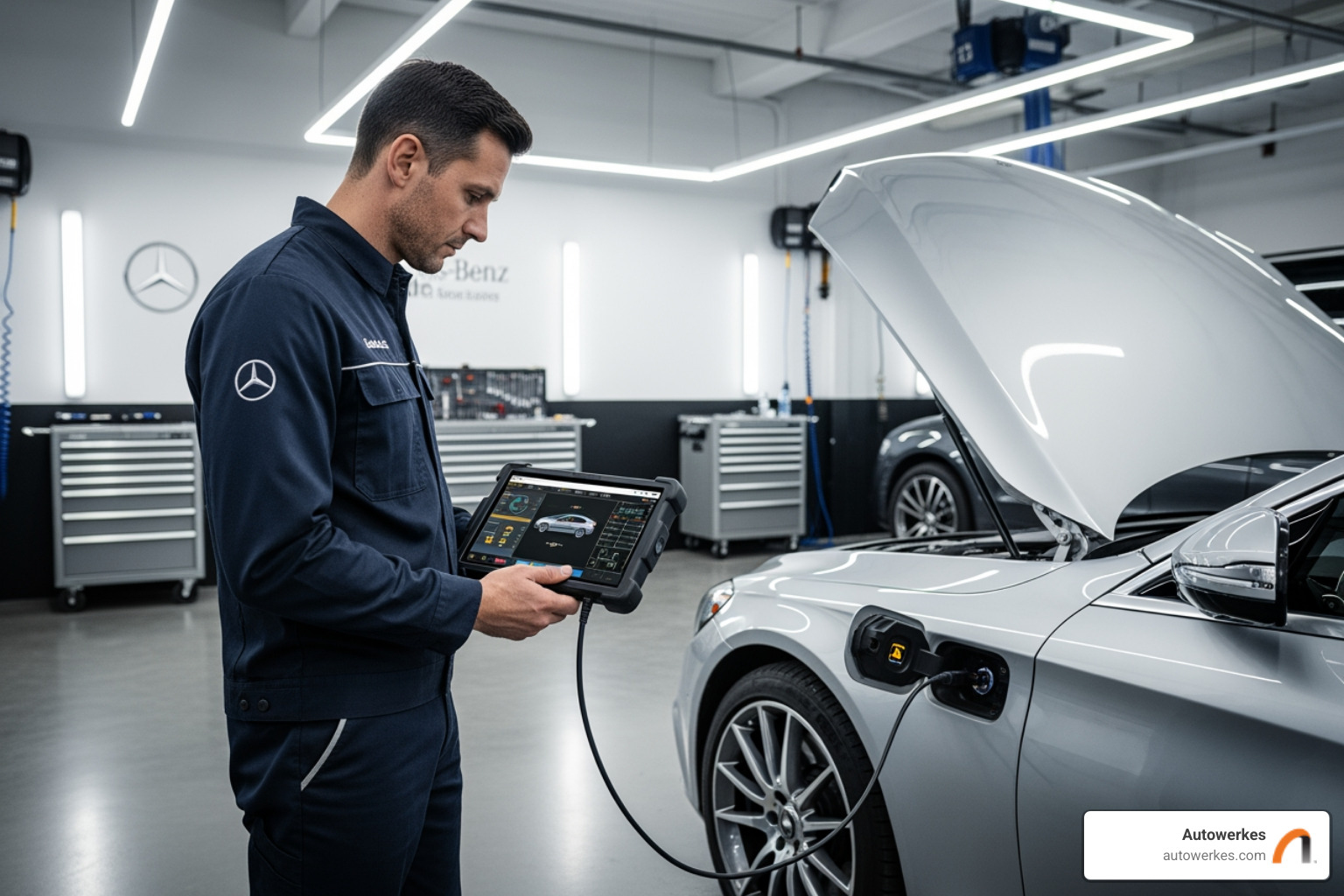 An Autowerkes technician using a diagnostic tool on a luxury Mercedes-Benz vehicle - luxury car suspension repair An Autowerkes technician using a diagnostic tool on a luxury Mercedes-Benz vehicle - luxury car suspension repair
