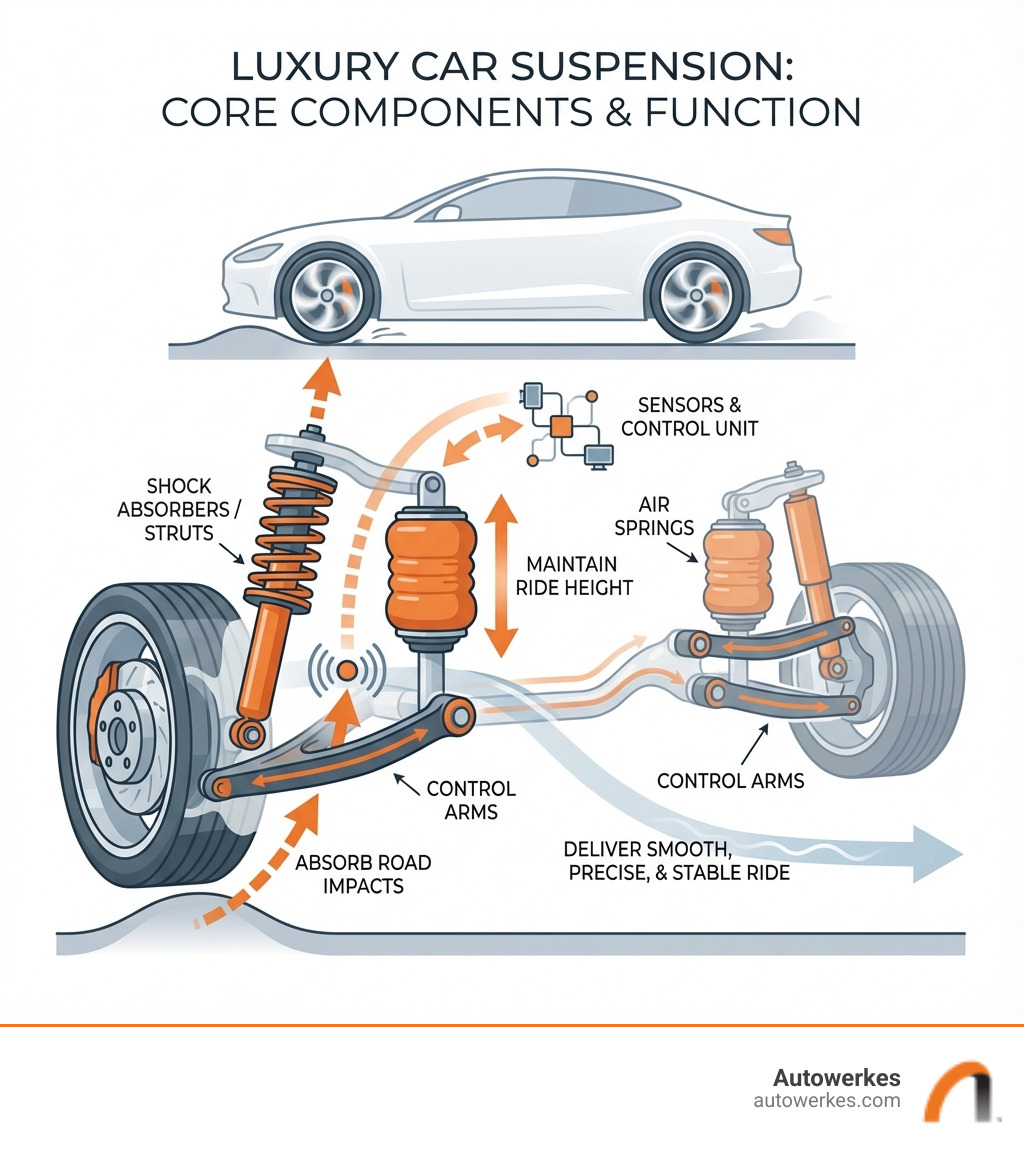 Infographic showing the key components of a luxury car suspension system including shock absorbers, struts, air springs, control arms, and sensors, with arrows indicating how these parts work together to absorb road impacts and maintain vehicle stability and ride height - luxury car suspension repair infographic Infographic showing the key components of a luxury car suspension system including shock absorbers, struts, air springs, control arms, and sensors, with arrows indicating how these parts work together to absorb road impacts and maintain vehicle stability and ride height - luxury car suspension repair infographic