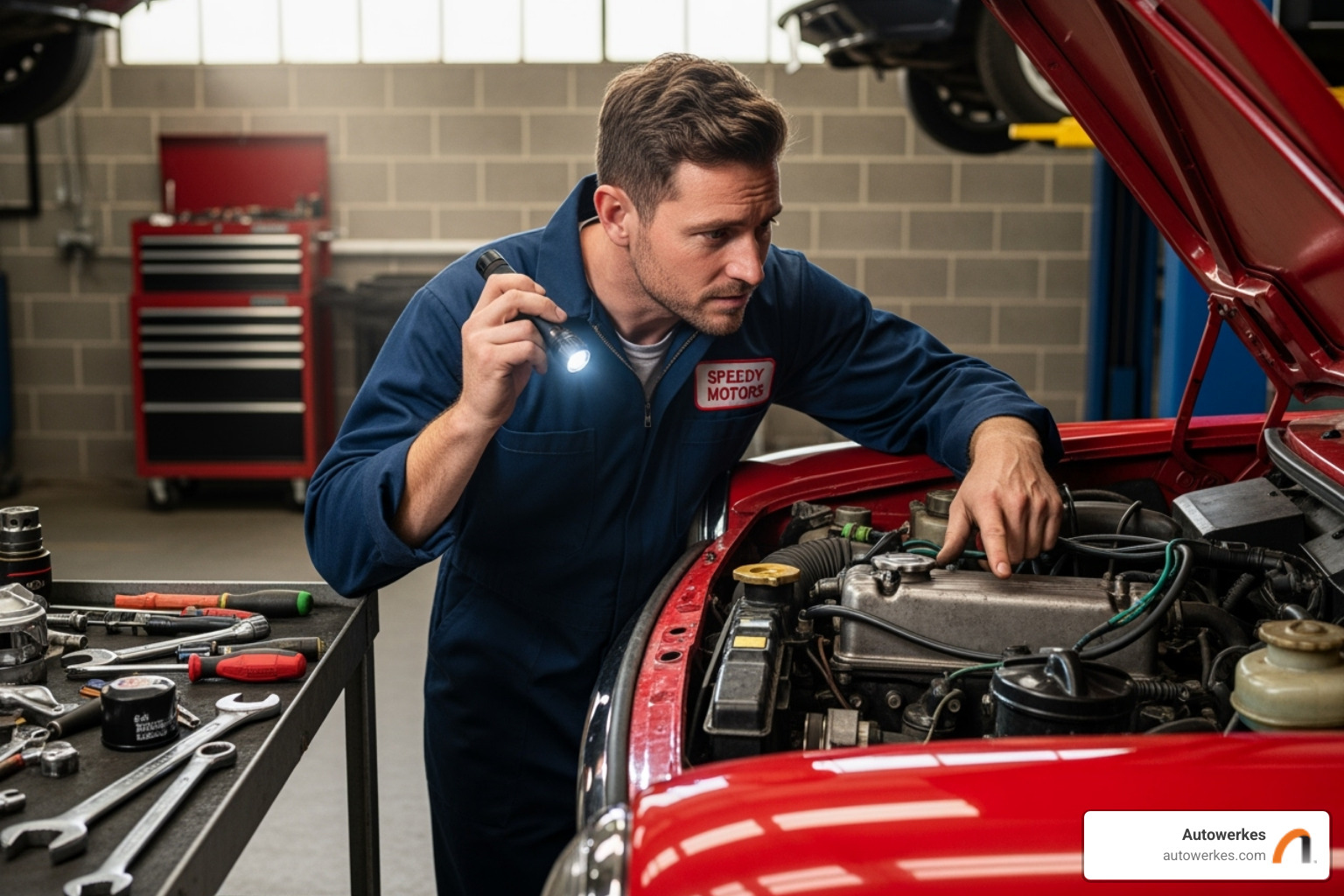 Autowerkes technician inspecting a Mini Cooper engine bay - mini cooper auto shop