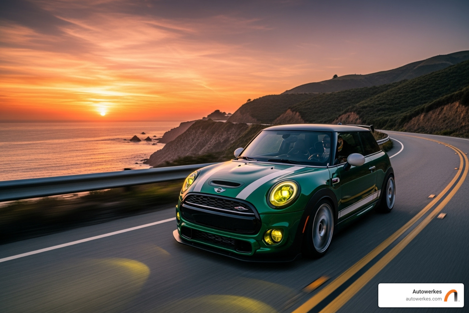 Performance-upgraded Mini Cooper on a scenic road - mini cooper auto shop