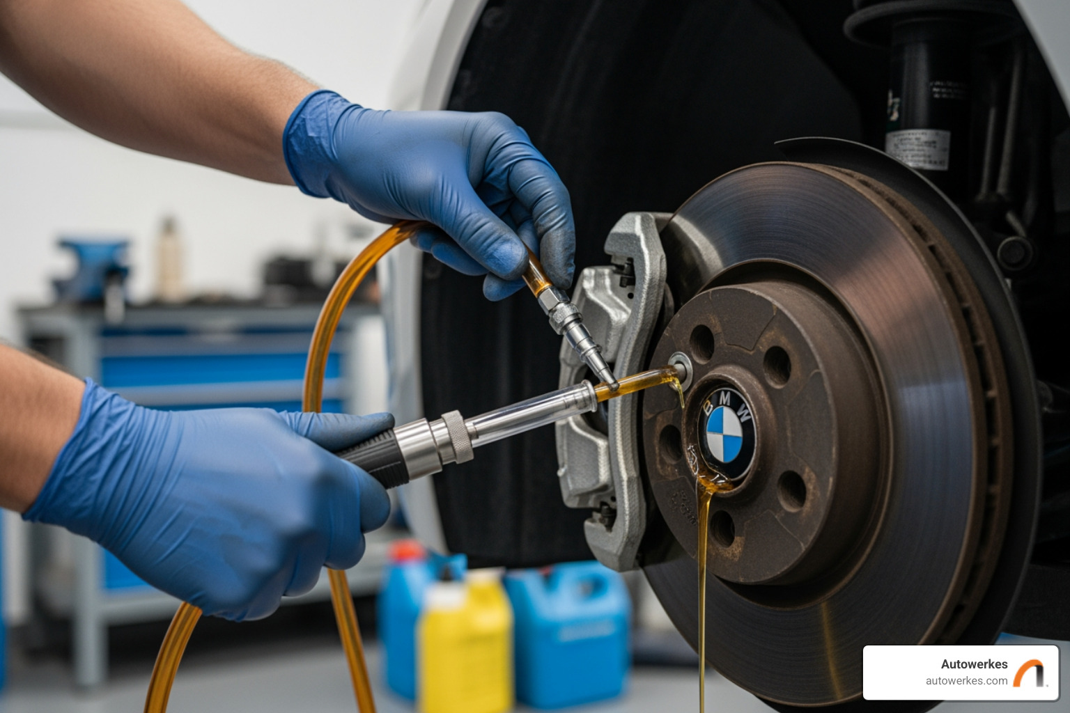 a technician performing a brake fluid flush on a BMW - bmw fluid service