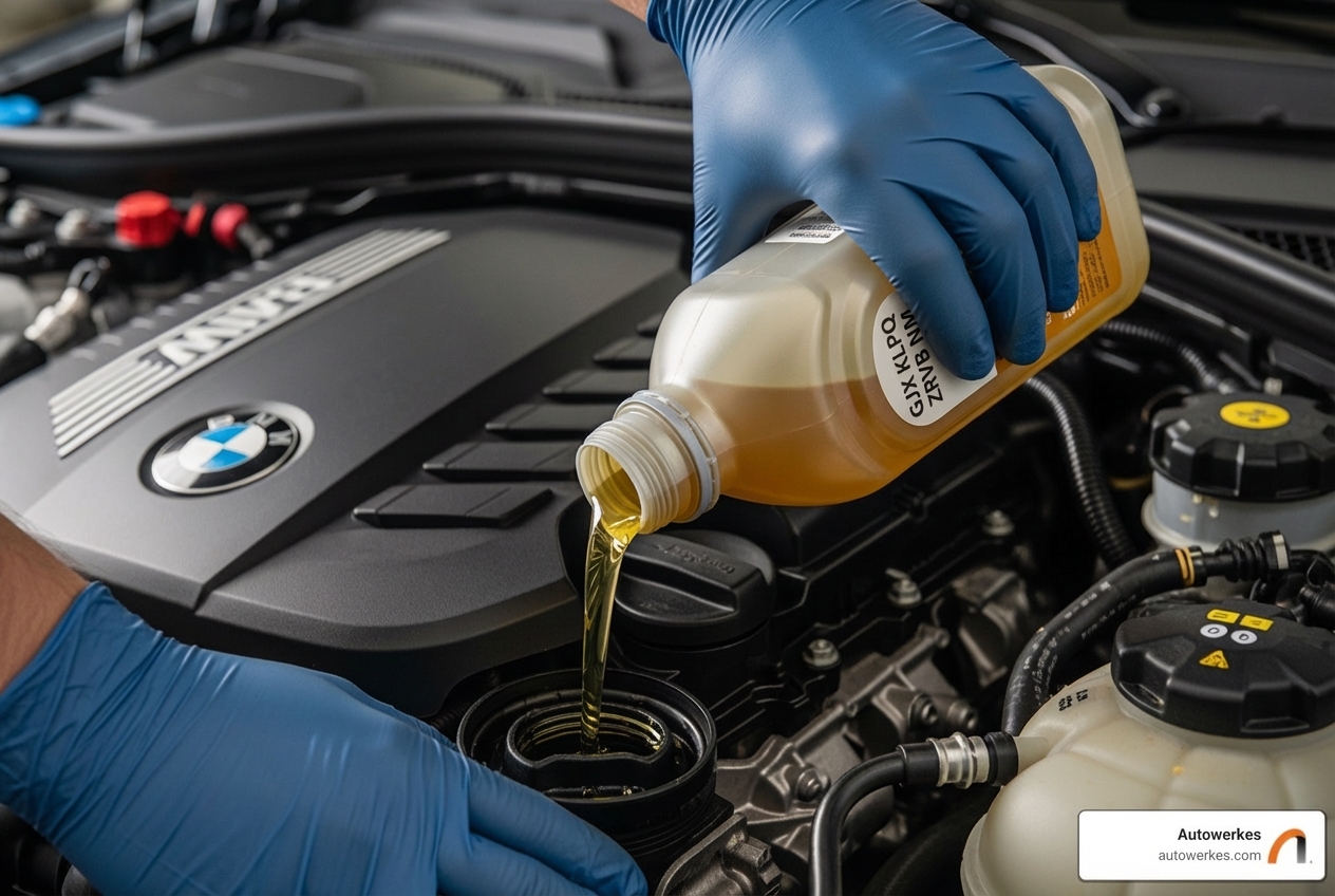 a technician pouring fresh synthetic oil into a BMW engine - bmw fluid service