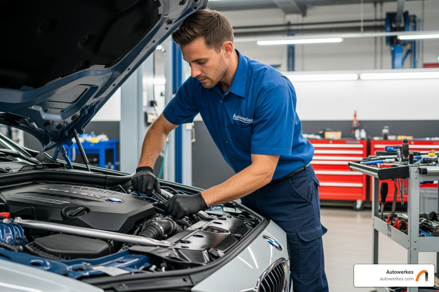 Autowerkes certified technician working on a BMW engine - bmw scheduled maintenance Autowerkes certified technician working on a BMW engine - bmw scheduled maintenance