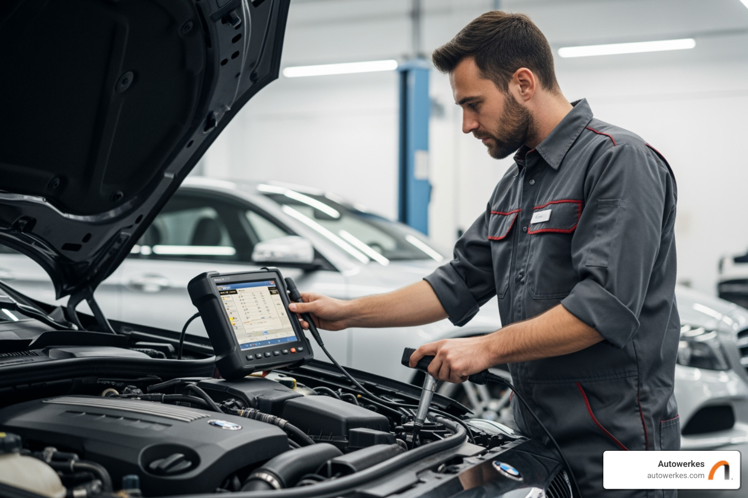 Autowerkes certified technician using diagnostic equipment on a European car - auto repair san diego