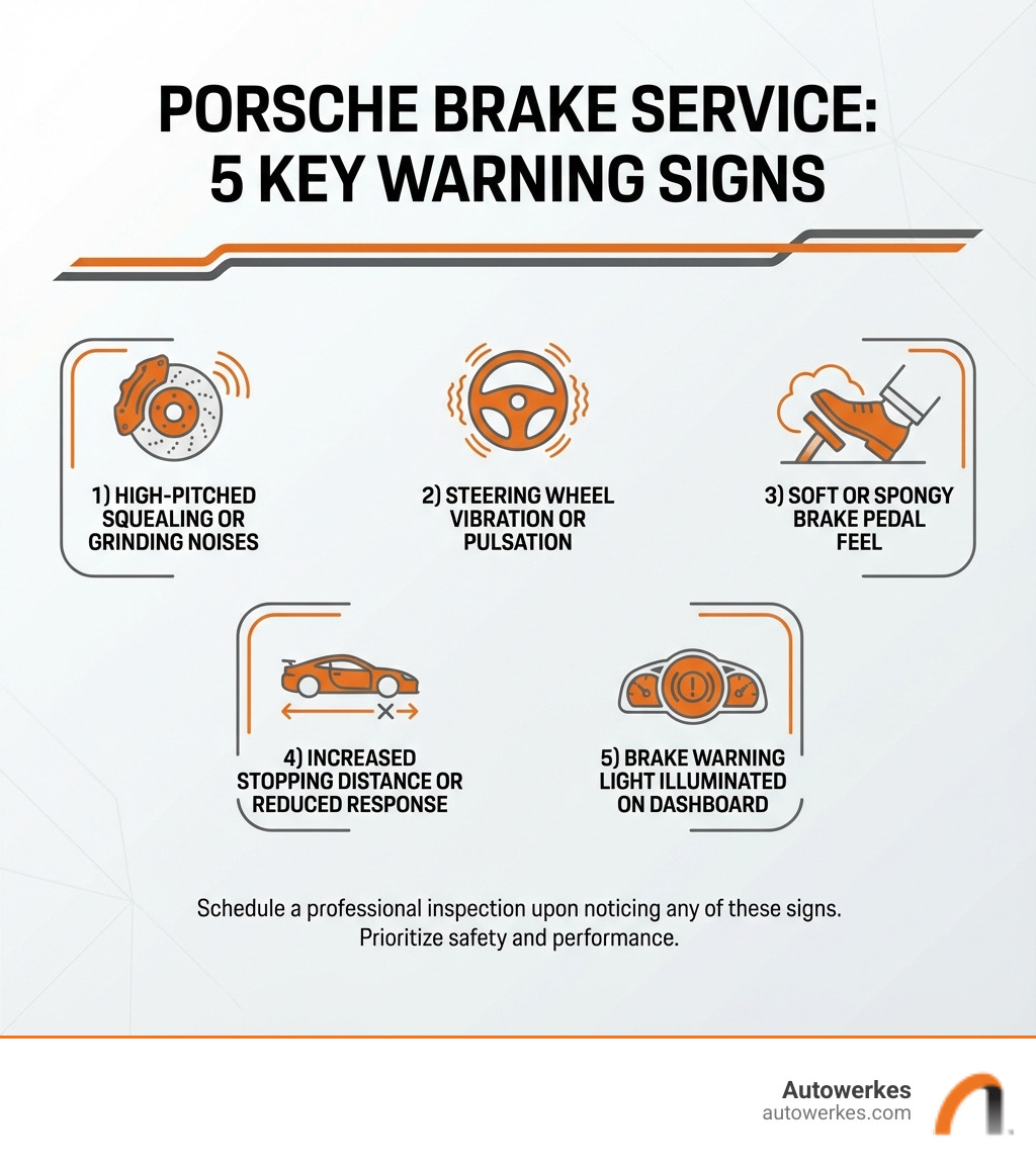 Infographic showing 5 key warning signs for Porsche brake service: 1) High-pitched squealing or grinding noises when braking, 2) Steering wheel vibration or pulsation during stops, 3) Soft or spongy brake pedal feel, 4) Increased stopping distance or reduced brake response, 5) Brake warning light illuminated on dashboard - porsche brake service infographic Infographic showing 5 key warning signs for Porsche brake service: 1) High-pitched squealing or grinding noises when braking, 2) Steering wheel vibration or pulsation during stops, 3) Soft or spongy brake pedal feel, 4) Increased stopping distance or reduced brake response, 5) Brake warning light illuminated on dashboard - porsche brake service infographic