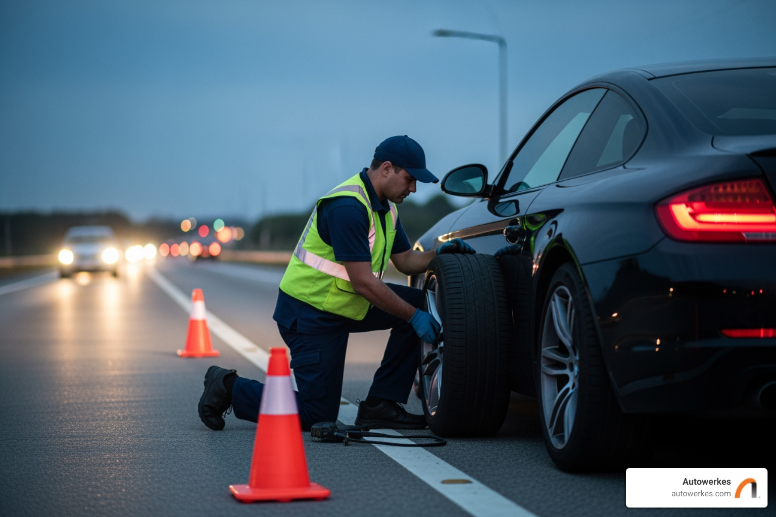 An Autowerkes technician working efficiently in a potentially hazardous roadside environment - emergency tire change near me An Autowerkes technician working efficiently in a potentially hazardous roadside environment - emergency tire change near me