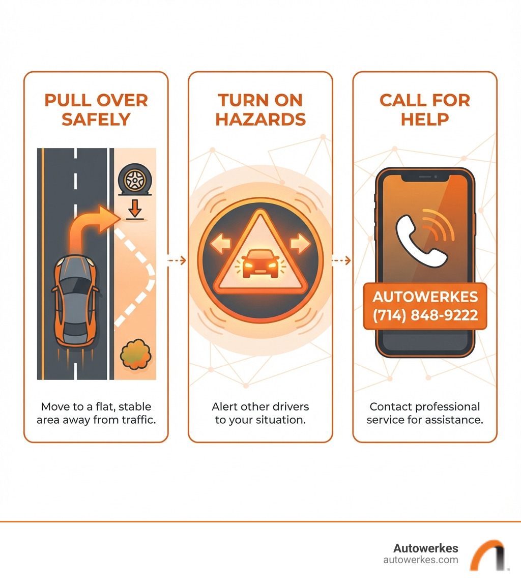 infographic showing three panels: Panel 1 - Pull Over Safely with arrow pointing to safe shoulder area, Panel 2 - Turn on Hazards with hazard light symbol, Panel 3 - Call for Help with phone icon and Autowerkes contact number - emergency tire change near me infographic infographic showing three panels: Panel 1 - Pull Over Safely with arrow pointing to safe shoulder area, Panel 2 - Turn on Hazards with hazard light symbol, Panel 3 - Call for Help with phone icon and Autowerkes contact number - emergency tire change near me infographic
