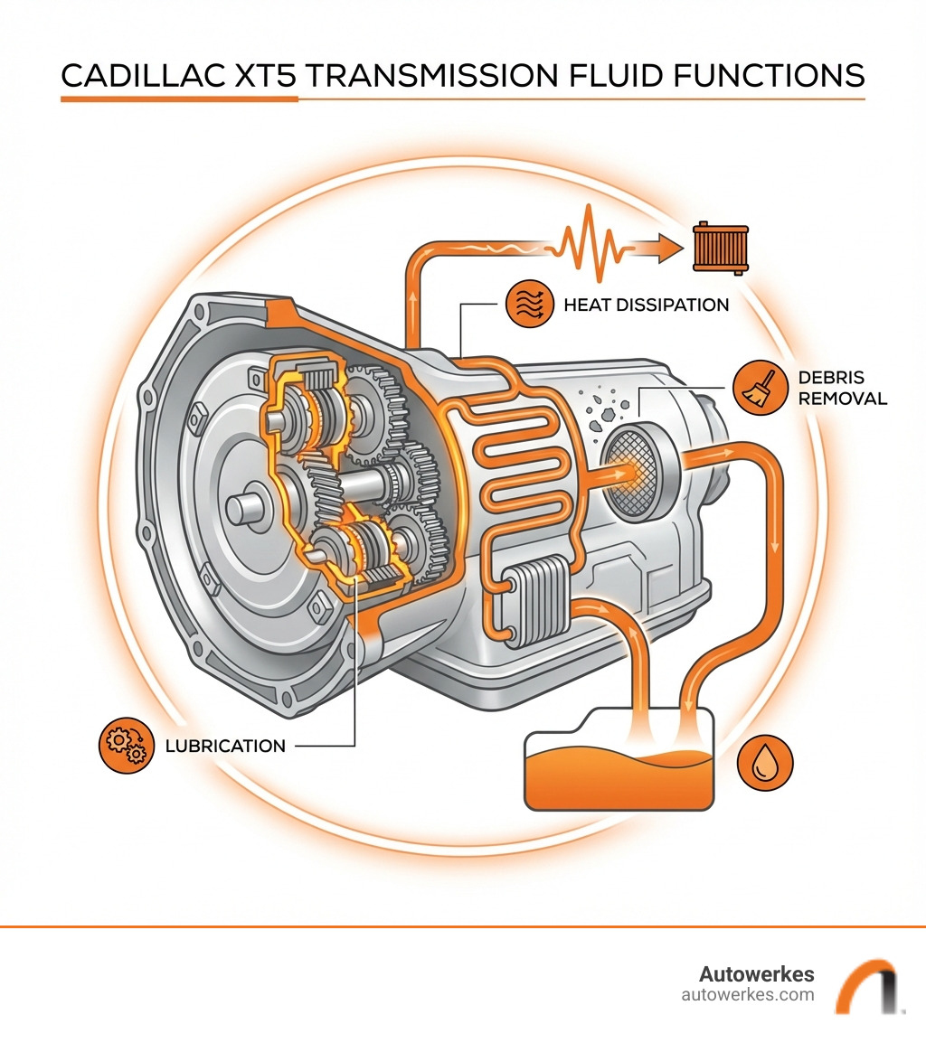 Infographic showing transmission fluid flowing through gears and clutch packs, cooling channels, and filter system with labels for lubrication, heat dissipation, and debris removal in a Cadillac XT5 transmission - cadillac xt5 transmission fluid change infographic Infographic showing transmission fluid flowing through gears and clutch packs, cooling channels, and filter system with labels for lubrication, heat dissipation, and debris removal in a Cadillac XT5 transmission - cadillac xt5 transmission fluid change infographic