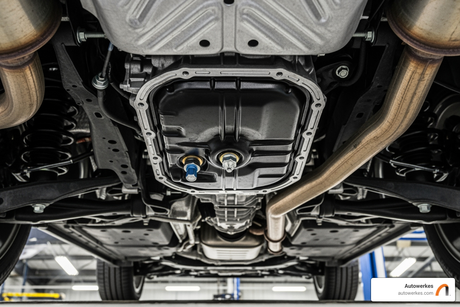 transmission drain and fill plugs under an XT5 in the Autowerkes shop - cadillac xt5 transmission fluid change transmission drain and fill plugs under an XT5 in the Autowerkes shop - cadillac xt5 transmission fluid change