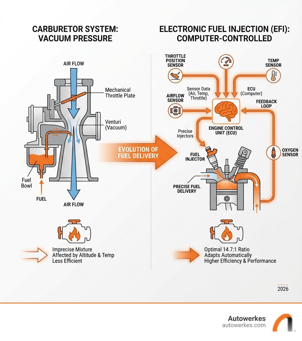 infographic showing the evolution from carburetor to electronic fuel injection, including a side-by-side comparison of how carburetors use vacuum pressure versus how EFI uses computer-controlled injectors with sensor feedback loops for precise fuel delivery - electronic fuel injection system infographic 