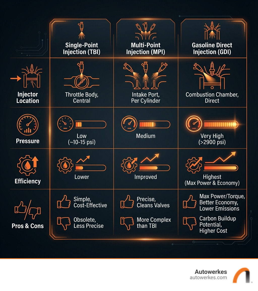 table comparing Single-Point Injection (TBI), Multi-Point Injection (MPI), and Gasoline Direct Injection (GDI) on key aspects like injector location, pressure, efficiency, and pros/cons. - electronic fuel injection system infographic 