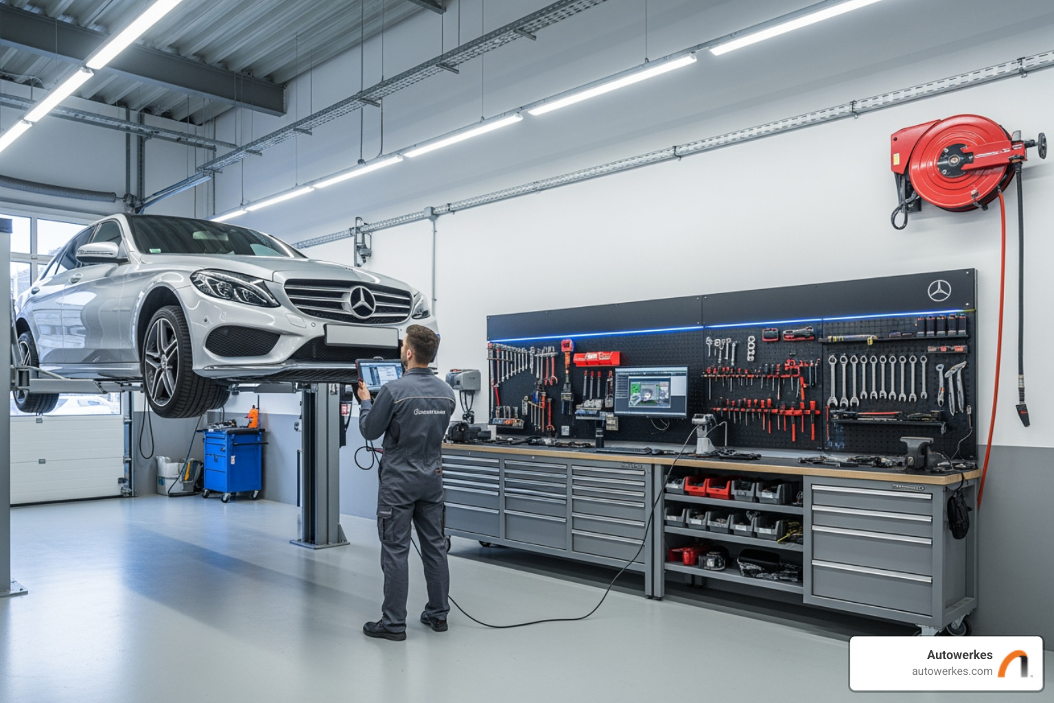 A clean, professional Autowerkes repair bay with a Mercedes on a lift, showcasing specialized tools and equipment - Mercedes repair Palos Verdes