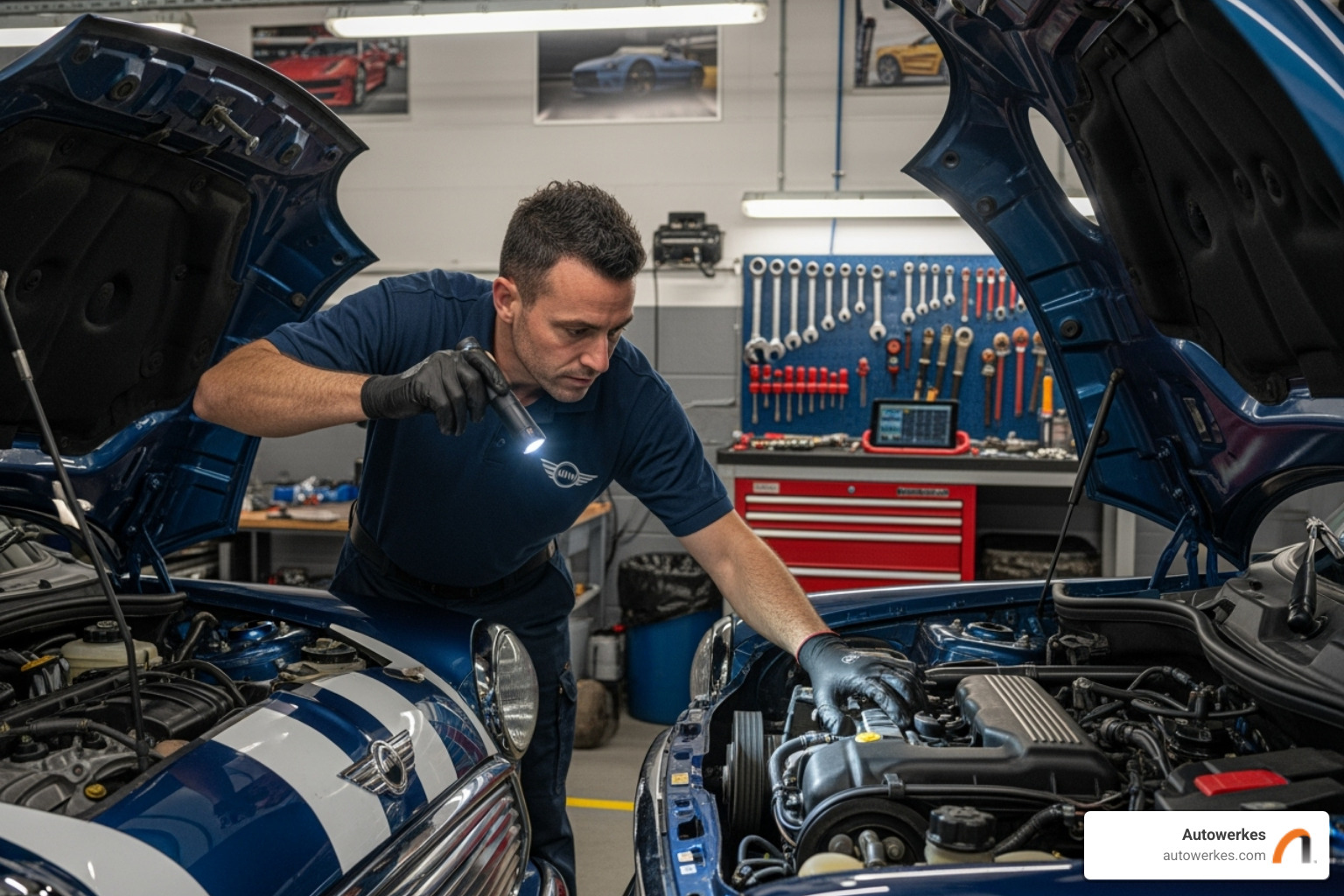 Autowerkes technician inspecting a MINI Cooper's drive belt - mini cooper scheduled maintenance Autowerkes technician inspecting a MINI Cooper's drive belt - mini cooper scheduled maintenance