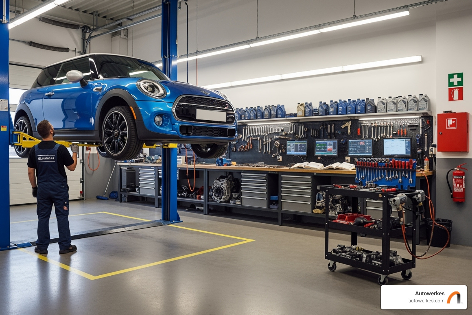 Autowerkes service bay with a MINI on a lift - mini cooper scheduled maintenance Autowerkes service bay with a MINI on a lift - mini cooper scheduled maintenance