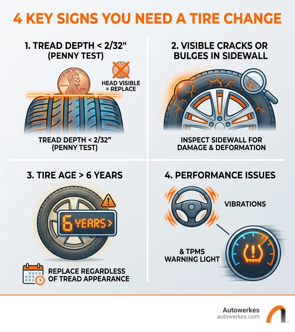 infographic showing four key signs you need a tire change: tread depth below 2/32 inch measured with penny test, visible cracks or bulges in sidewall, tire age over 6 years regardless of appearance, and performance issues like vibrations or TPMS warning light - car tire change near me infographic infographic showing four key signs you need a tire change: tread depth below 2/32 inch measured with penny test, visible cracks or bulges in sidewall, tire age over 6 years regardless of appearance, and performance issues like vibrations or TPMS warning light - car tire change near me infographic