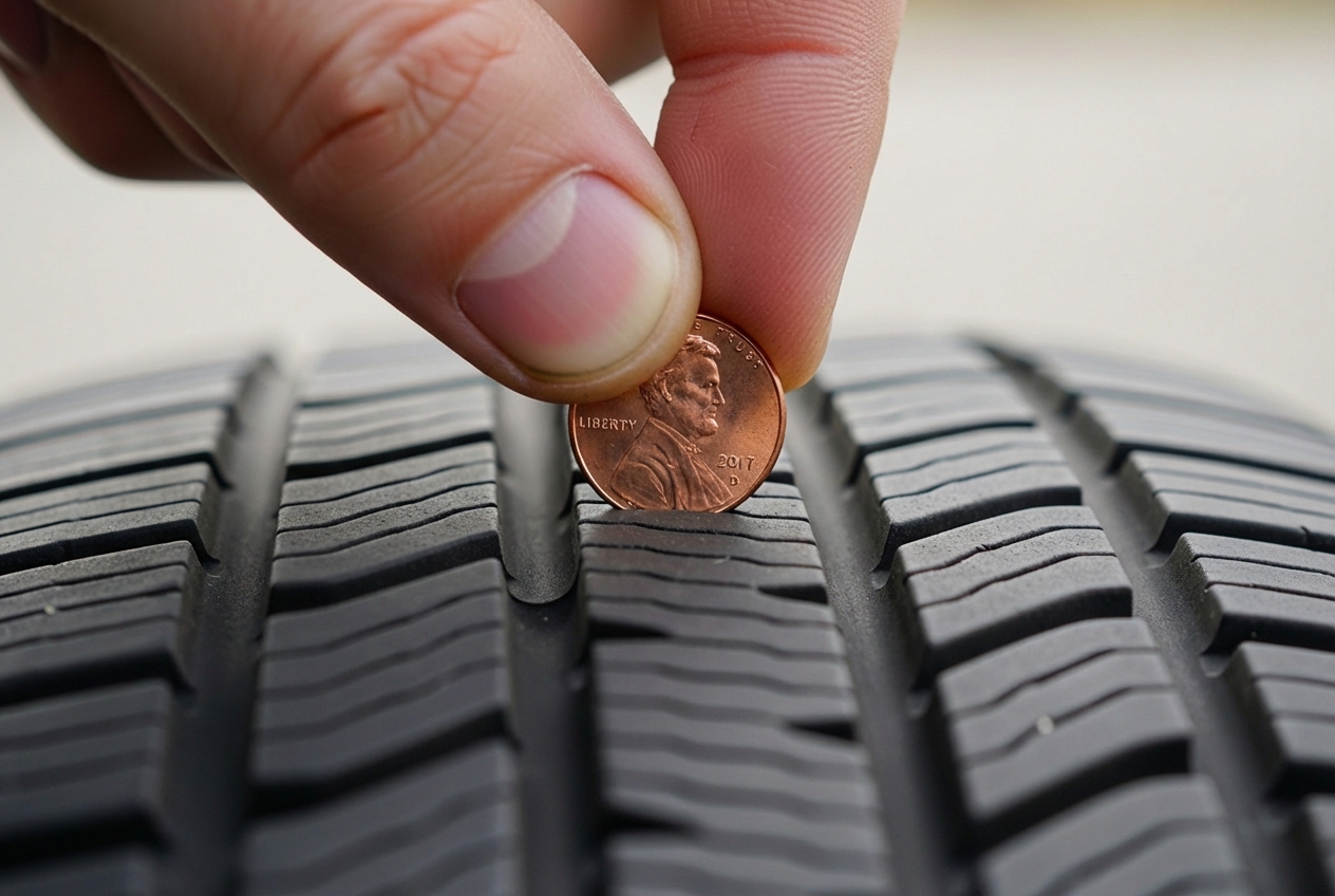 image demonstrating how to perform the penny test on a tire - car tire change near me image demonstrating how to perform the penny test on a tire - car tire change near me