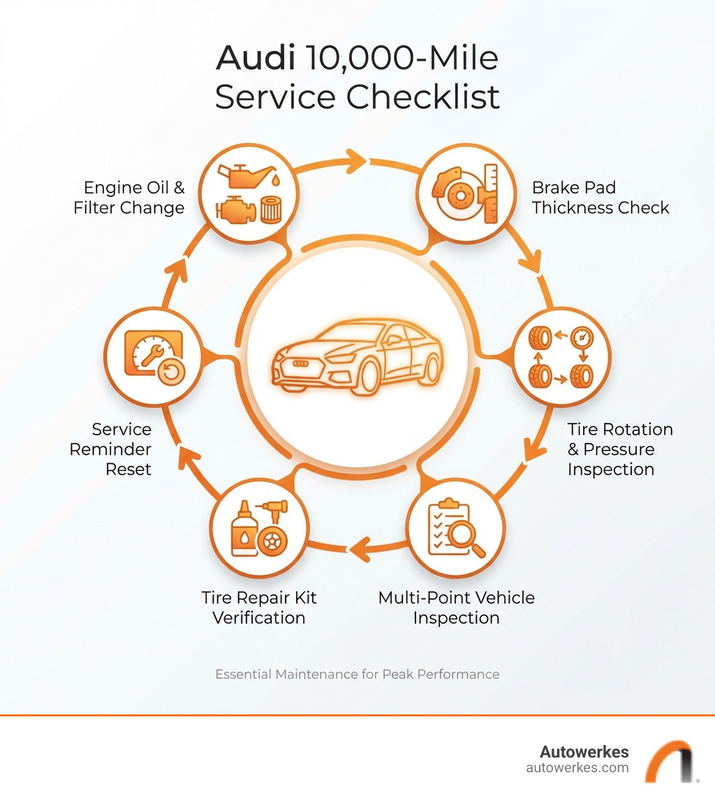 Infographic showing Audi 10000 mile service checklist including oil and filter change, brake pad thickness check, tire rotation and pressure inspection, multi-point vehicle inspection, tire repair kit verification, and service reminder reset - audi 10000 mile service infographic 