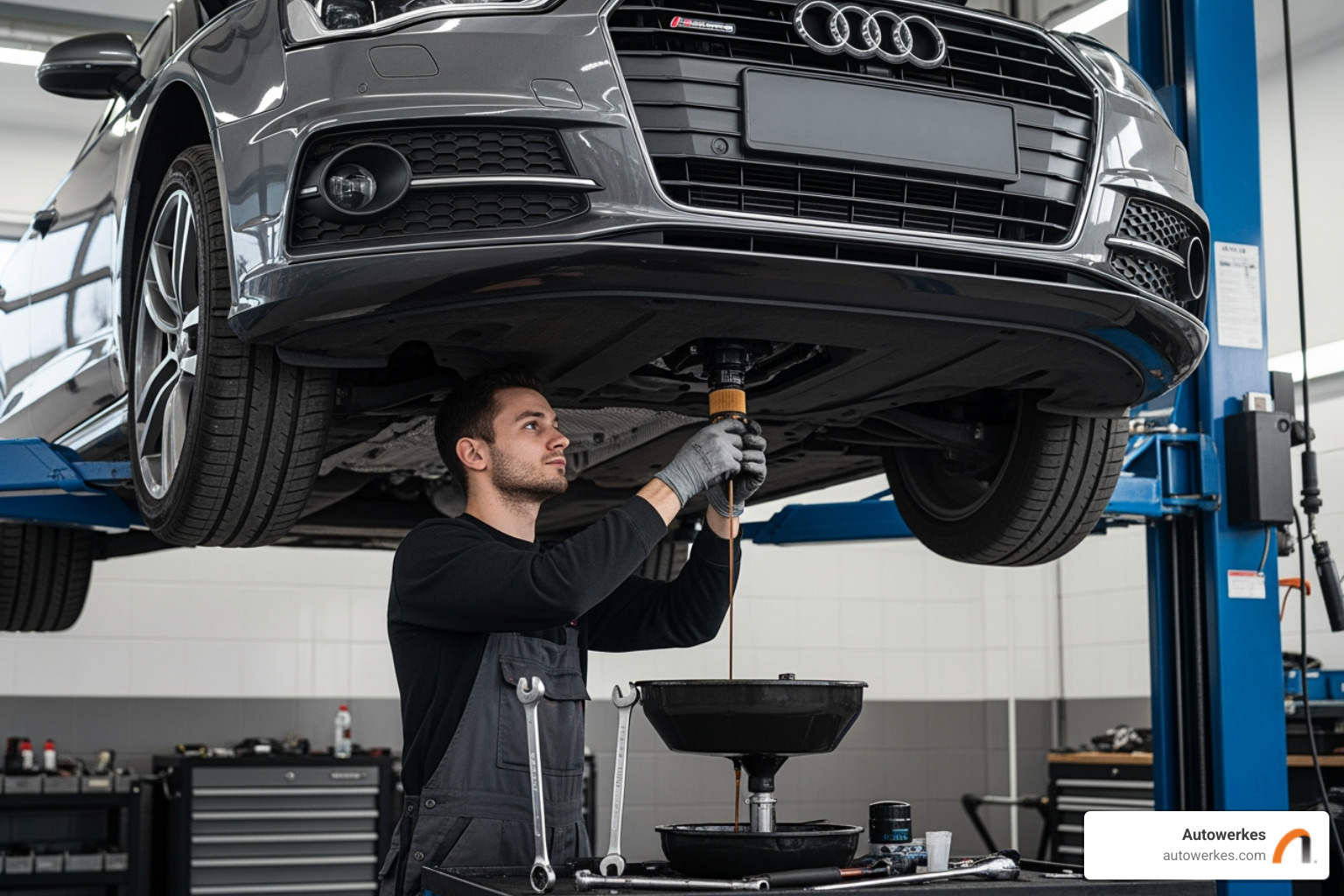 Technician performing an oil change on an Audi - audi 10000 mile service