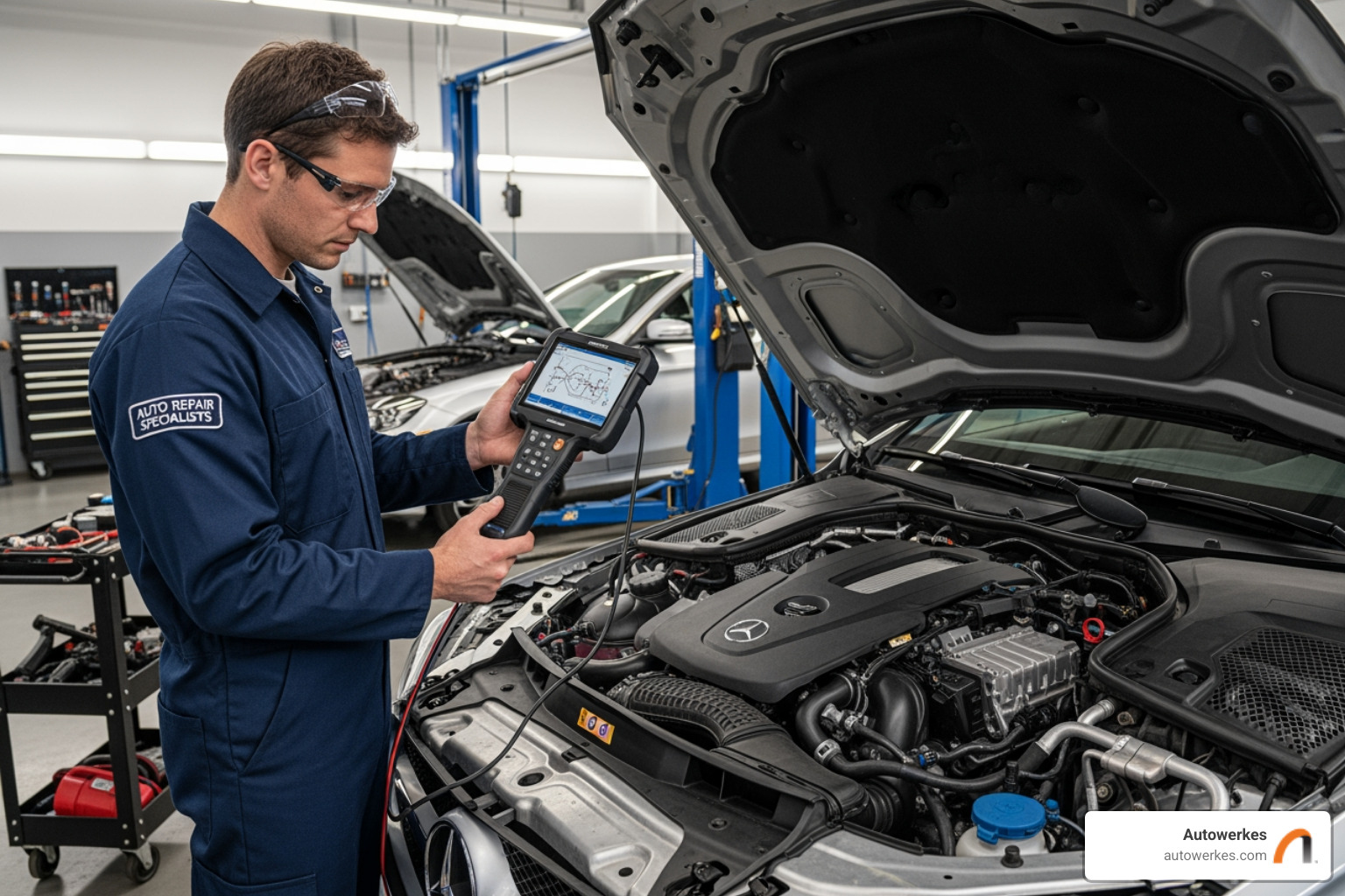 A technician using a diagnostic scanner on a Mercedes-Benz - car tune up
