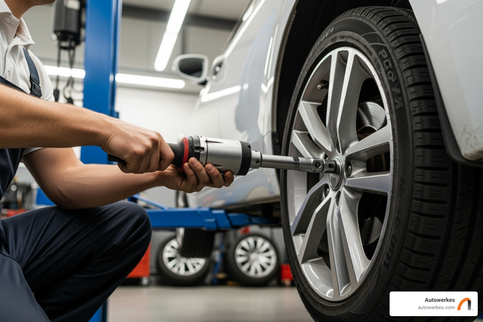 technician torquing lug nuts - Disc rotor replacement