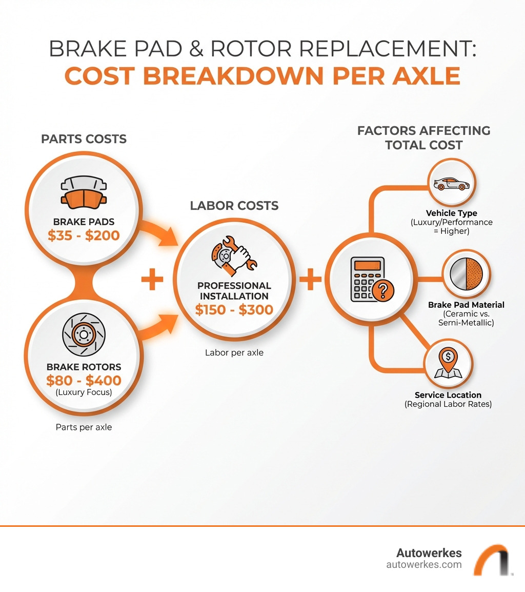 infographic showing brake pad and rotor replacement cost breakdown per axle, including parts costs for pads ($35-$200), rotors ($80-$400 for luxury vehicles), labor costs ($150-$300), and factors affecting total cost such as vehicle type, brake pad material, and service location - brake pad and rotor replacement cost infographic 