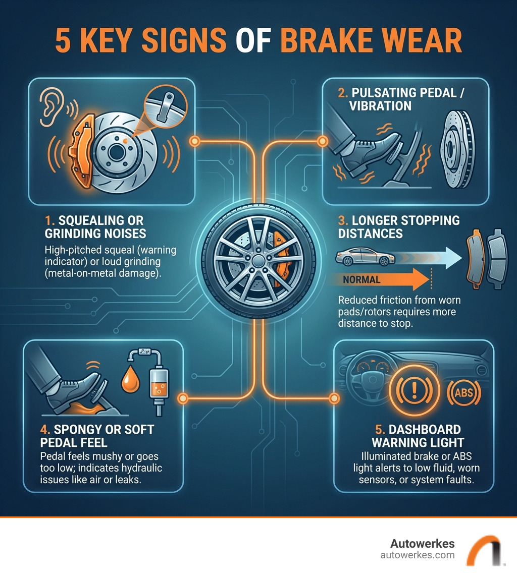 infographic explaining the 5 key signs of brake wear - brake pad and rotor replacement cost infographic 