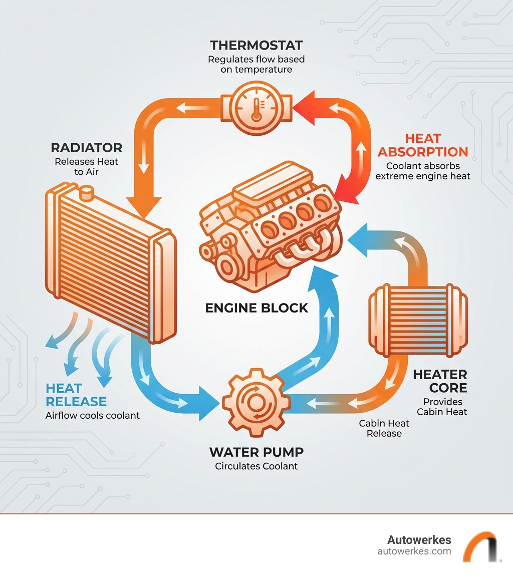 detailed infographic showing cooling system cycle with radiator, water pump, engine block, thermostat, and heater core, illustrating heat absorption and release process plus coolant circulation path - coolant flush service infographic 