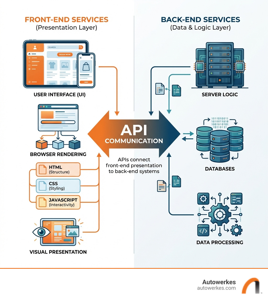 Infographic showing the separation between front-end services (user interface, browser rendering, HTML/CSS/JavaScript, visual presentation) and back-end services (databases, server logic, APIs, data processing), with arrows indicating API communication between the two layers - front-end services infographic Infographic showing the separation between front-end services (user interface, browser rendering, HTML/CSS/JavaScript, visual presentation) and back-end services (databases, server logic, APIs, data processing), with arrows indicating API communication between the two layers - front-end services infographic