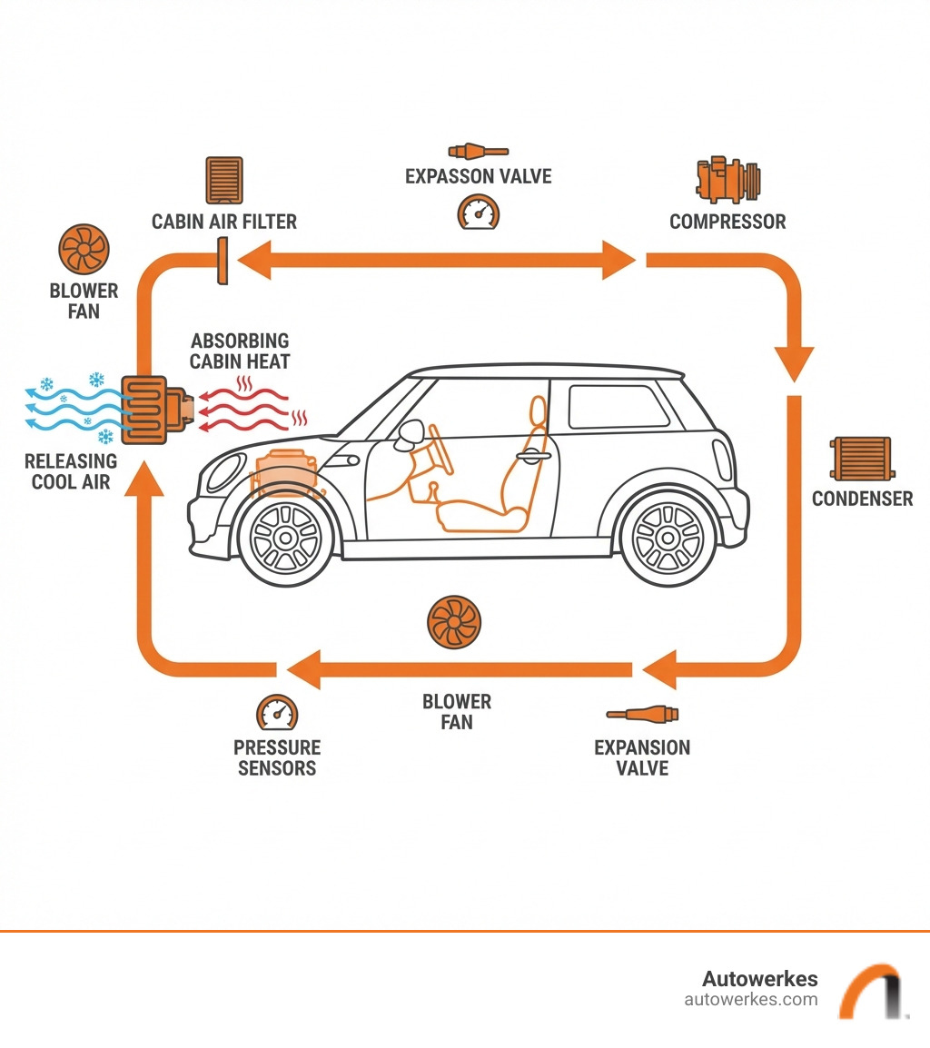 Infographic showing the automotive air conditioning cooling cycle in a Mini Cooper: refrigerant flows from compressor to condenser, then through expansion valve to evaporator, absorbing cabin heat and releasing cool air, with arrows indicating the full loop and labels for each component including cabin air filter, blower fan, and pressure sensors - mini ac repair san diego infographic Infographic showing the automotive air conditioning cooling cycle in a Mini Cooper: refrigerant flows from compressor to condenser, then through expansion valve to evaporator, absorbing cabin heat and releasing cool air, with arrows indicating the full loop and labels for each component including cabin air filter, blower fan, and pressure sensors - mini ac repair san diego infographic