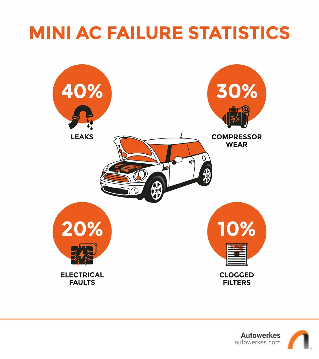 Infographic showing the statistics of AC failure: 40% due to leaks, 30% due to compressor wear, 20% due to electrical faults, and 10% due to clogged filters - mini ac repair san diego infographic Infographic showing the statistics of AC failure: 40% due to leaks, 30% due to compressor wear, 20% due to electrical faults, and 10% due to clogged filters - mini ac repair san diego infographic