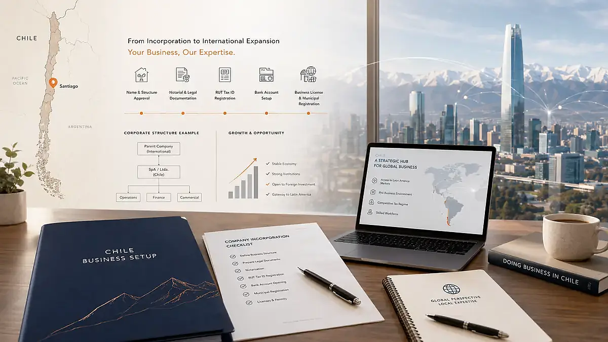 Chile company registration and Santiago skyline, forming an SpA in 2026