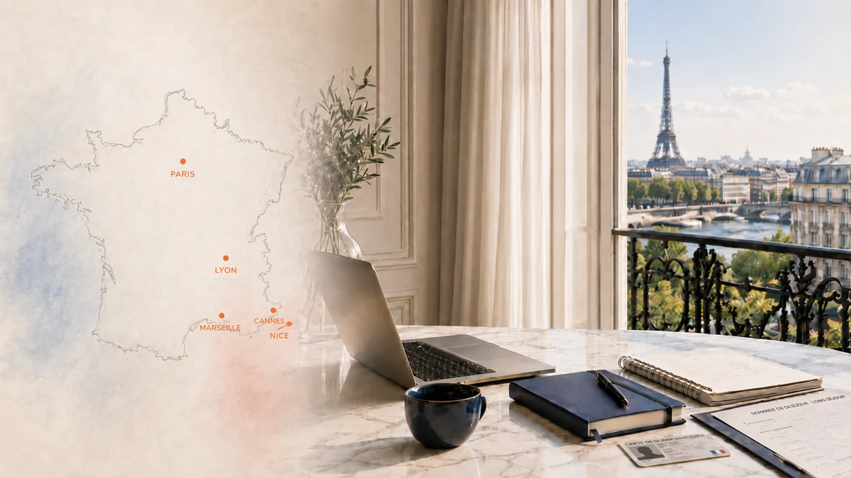 French Residence Permit 2026: a titre de sejour card over a Paris backdrop, illustrating the path from long-stay visa to residency.