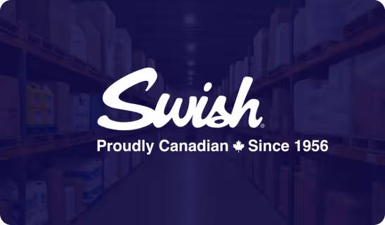 Swish logo with text 'Proudly Canadian Since 1956' over a warehouse aisle background.