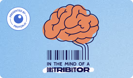 Illustration of a brain above a barcode with text 'In the mind of a distributor' on a blue background, including a Proton.ai logo.