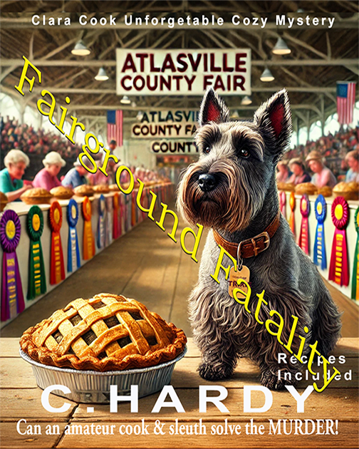 "Some secrets are buried deeper than bodies. Some ingredients should never be mixed.

Clara Cook only wanted a blue ribbon for her pastry skills at the Atlasville State Fair. Instead, she got a corpse, a murder investigation, and an unexpected canine sidekick.

When Clara literally trips over a body while setting up her baking station, her competitive dreams crumble faster than an overbaked pie crust.
Sheriff Tom Morrison—frustratingly handsome and perpetually grumpy— immediately suspects Clara.
But something isn't adding up, especially when Eleanor Whitmore's nephew goes missing and mysterious financial records surface. Grant Whitmore becomes a prime suspect along with Clara."