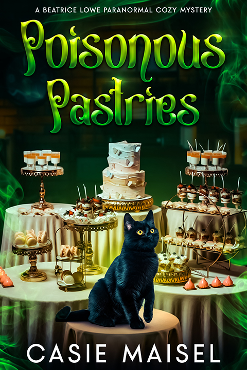 "A poisoned pastry. A talking cat. And one vintage-loving sleuth caught in a recipe for disaster.

 Freshly arrived in the quirky town of Hartsbridge, perfectionist librarian Beatrice Lowe just wants to alphabetize her aunt’s antiques and avoid attention. 
But when a celebrity chef collapses mid-bite at the local café, and Beatrice’s name surfaces alongside the café owner’s, her plans for peace crumble fast.
With only her riddle-spouting, clairvoyant cat Sherlock for company, Beatrice is reluctantly pulled into a mystery laced with magic, secrets, and enchanted teacups. 
She’s soon partnered with Jack Rivers—a charming ex-detective turned dog trainer—and his psychic bloodhound Watson.
As the trio investigates cursed cookbooks, hidden tunnels, and a shady mayor with a debt to the victim, two suspects rise to the top: a rival chef with a short temper and Rose’s shady nephew.

 With Founders’ Night approaching and her name still on the suspect list, Beatrice must solve the case fast—before the next bite turns fatal.
"