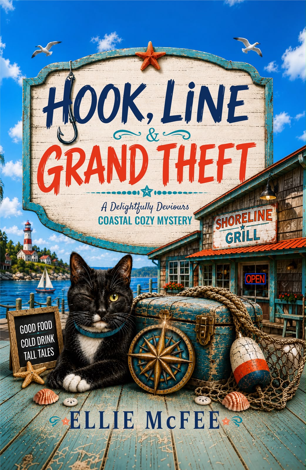 "A stolen maritime treasure. A winking cat. And an eagle-eyed journalist who’s supposed to stop investigating.
Investigative journalist Sarah Ashby is on a forced thirty-day sabbatical after one suspicion too many goes spectacularly wrong. Then a stubborn tuxedo cat named Barnaby adopts her and leads her to a quirky coastal town—where a rare maritime medallion disappears overnight.
The missing trinket may be the Mariner’s Star, a valuable artifact stolen thirty years ago. Worse, Sarah noticed it before it vanished, making her a suspect.
Cash-strapped Shoreline Grill owner Hank had the Star hanging on his wall. Antiques dealer Trevor knows exactly what a rare maritime treasure could be worth. Both have reasons to attract Sarah’s eagle eye—and either could be hiding something.
With Barnaby providing his peculiar brand of assistance, red herrings multiplying, and someone searching Sarah’s car to stop her investigation, her sabbatical is officially sunk.
Sarah must separate suspicion from proof before another innocent person pays the price for the wrong thief.
"