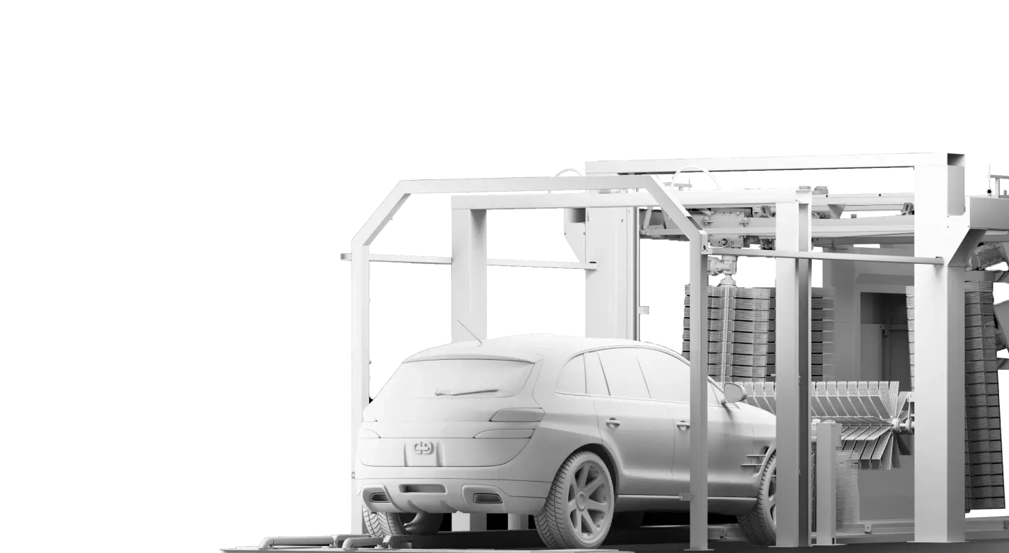 3D-rendered white SUV inside a car wash machine with brushes and frame structure.