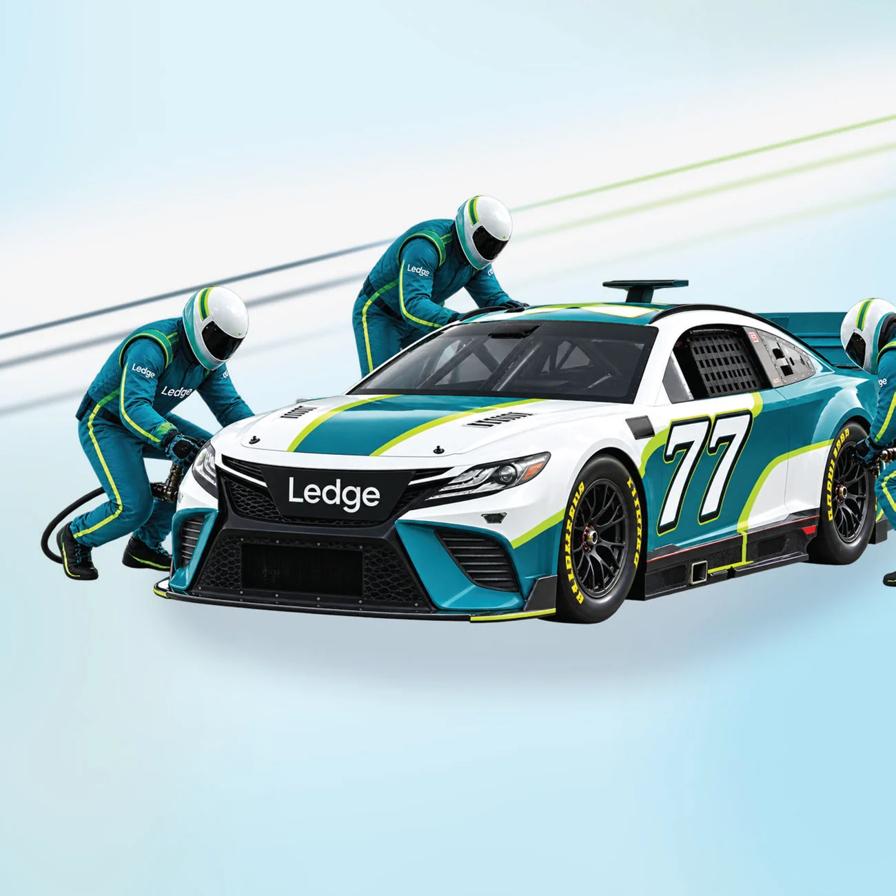 The Ledge number 77 race car with its pit crew, from the SuiteWorld 2026 booth art