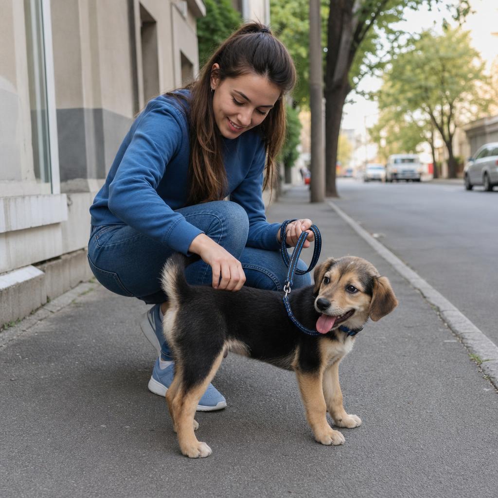 Prikazuje pozitivan govor tela šteneta (opušten i umereno podignut rep, otvorena usta sa opuštenim jezikom, neutralan položaj ušiju i ravnomerna raspodela težine) koji ukazuje na aktivaciju parasimpatičkog nervnog sistema, odsustvo stresa i visok stepen socijalne angažovanosti u urbanom okruženju, prilikom češkanja iznad korena repa