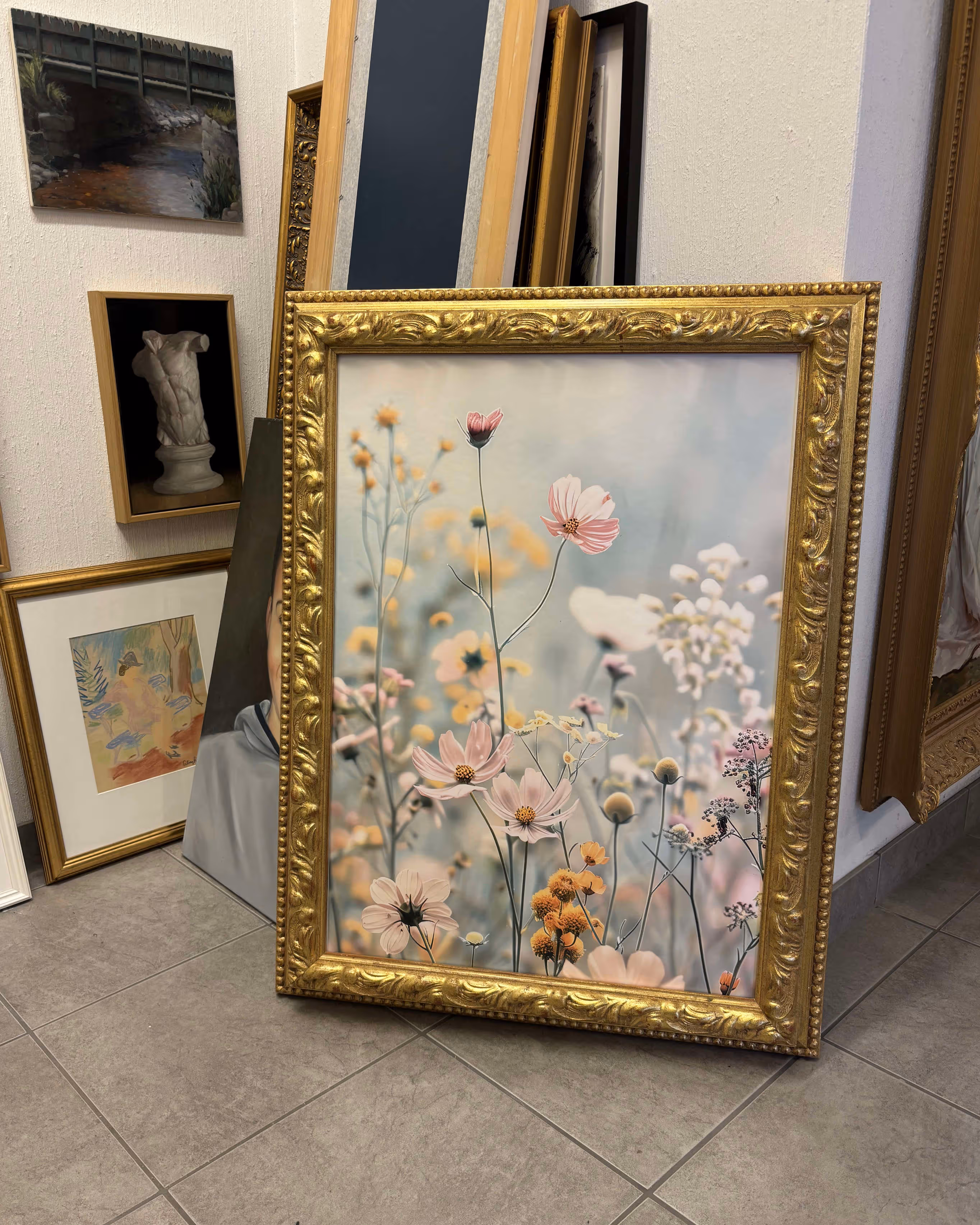 Inramad blomsterillustration i ornamenterad guldram, placerad i ett galleri omgivet av andra tavlor och ramar.