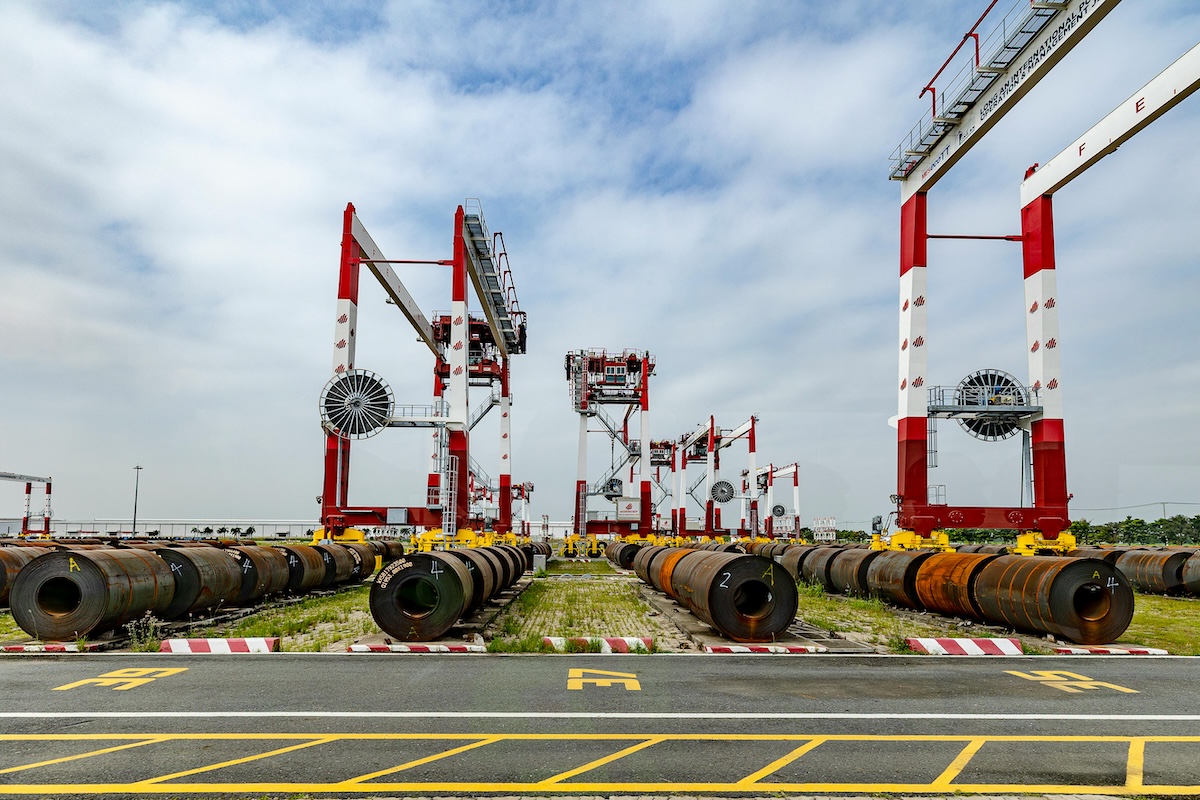 Industrial Shipping Yard with Large Cranes