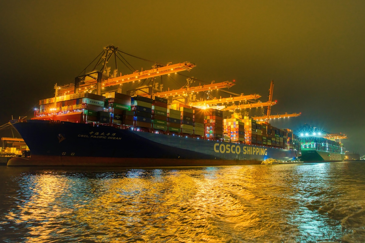 Container Ship in Harbor at Night