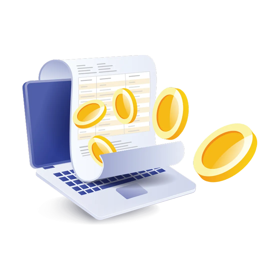 Illustration of a laptop with a financial document coming out of the screen and gold coins floating around it.
