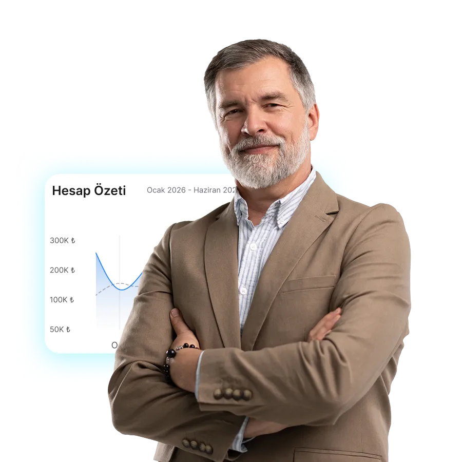 Smiling middle-aged man with gray beard in brown suit jacket standing with arms crossed in front of a financial summary chart.